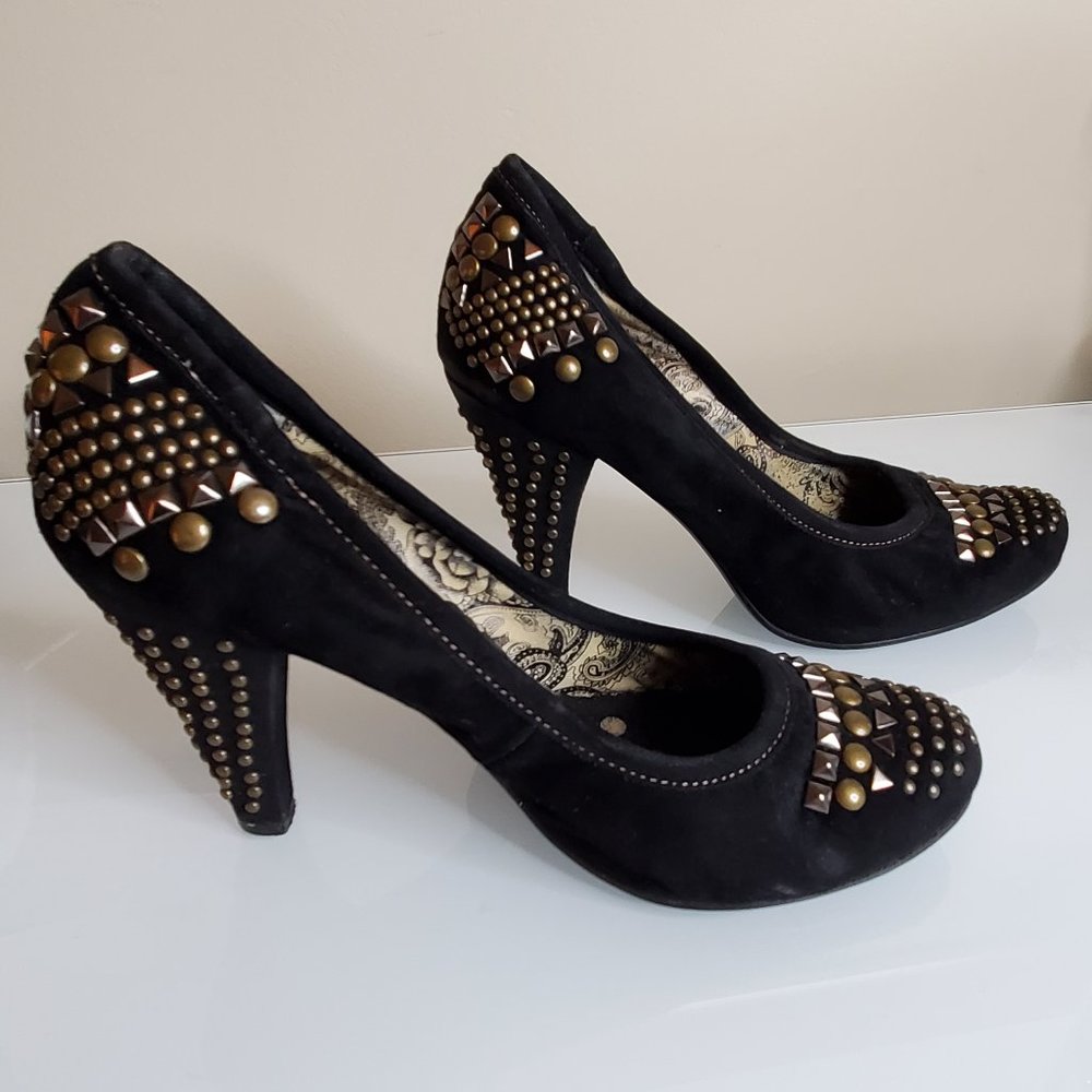 Gold Studded Black Velvet High Heel Pumps